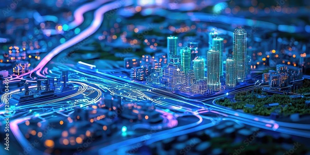 Poster a futuristic city with glowing towers, advanced energy grids, and dynamic, ai-driven public spaces.