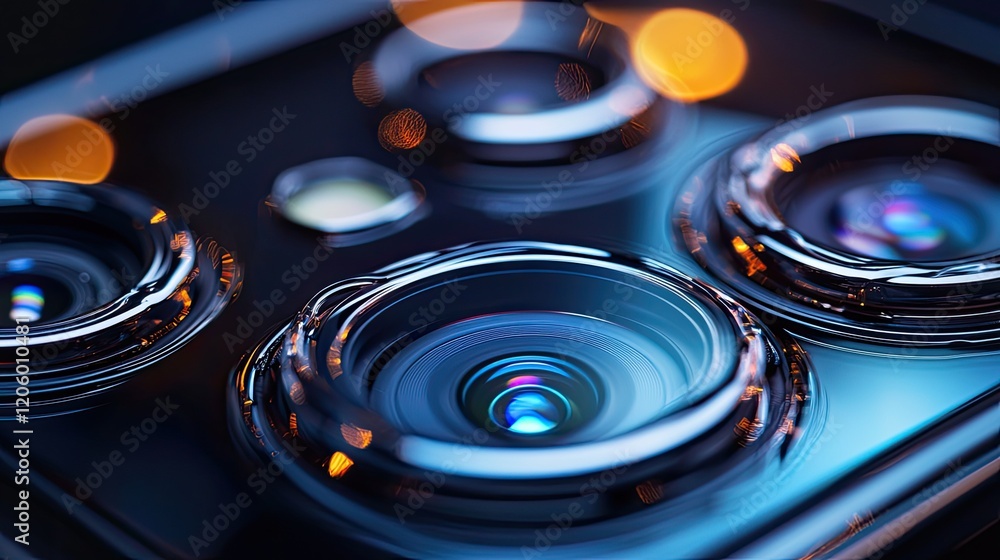Poster macro view of a smartphone s camera module featuring a multi-lens arrangement with detailed reflecti