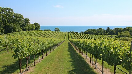 Naklejka premium Vineyard by the Lake: Coastal Winery Landscape