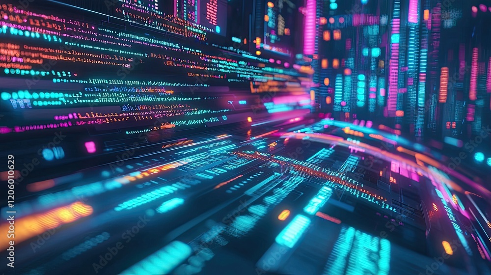 Fototapete Detailed image of a coding setup with a dark theme, vibrant lines of code rapidly scrolling on a display.