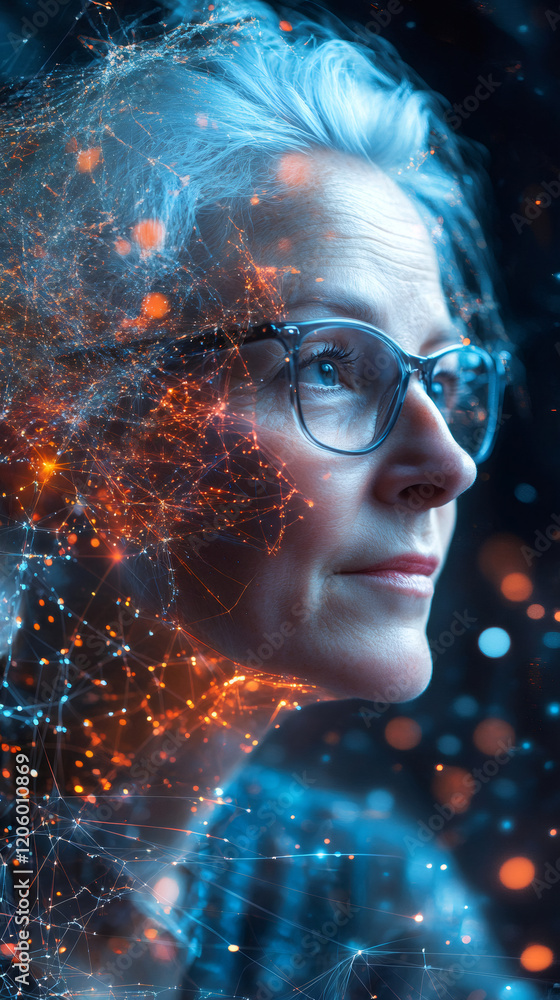Aufkleber portrait of a businesswoman wearing eyeglasses with a world map and network connection superimposed 
