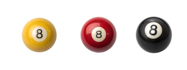 red, black, yellow billiard ball with number eight set isolated with transparent background