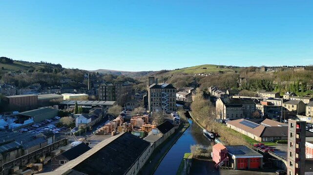 Drone footage of Spa Mill and Huddersfield Narrow Canal in Slaithwaite, Huddersfield, West Yorkshire