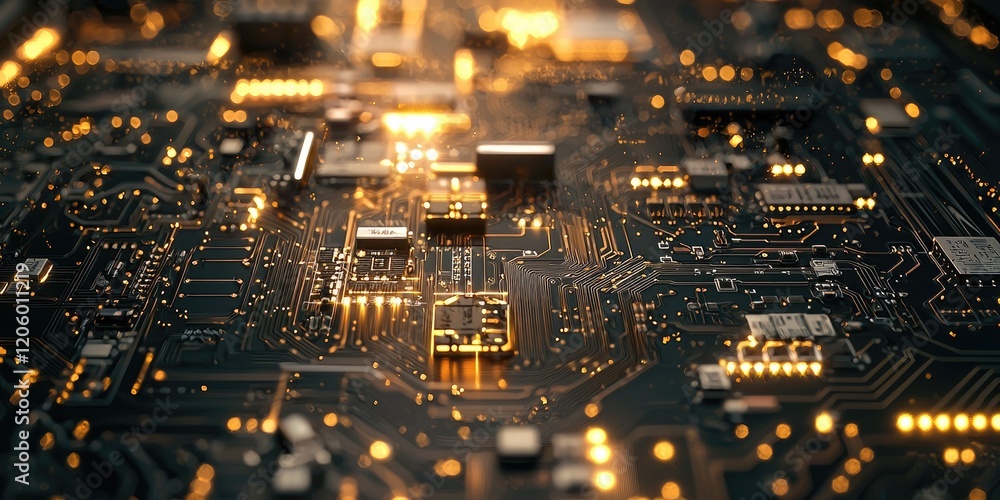 Poster Detailed view of a circuit board with intricate connections and layered components, ideal for technical and industrial-themed backgrounds.