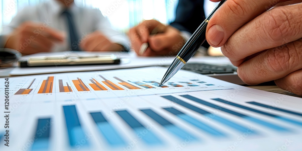 Poster business meeting centered on financial charts, where executives discuss trends and projections in a 