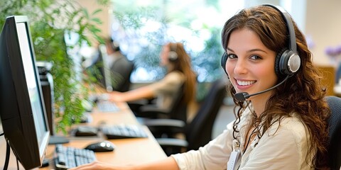 Customer service agents engage in client interactions, offering personalized assistance and solutions in a contemporary office space.