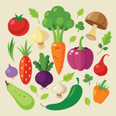 Set of Various Fresh Vegetables in Cartoon Style: Carrot, Eggplant, Paprika, Mushroom, and More – Vector Illustration