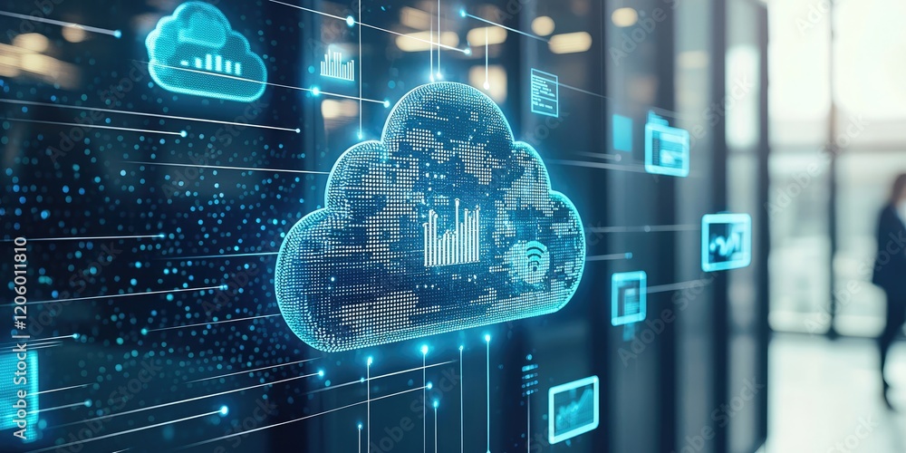 Poster business professionals in a modern office use digital solutions, such as cloud-based software and co
