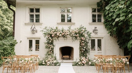 Fototapeta premium Romantic Outdoor Wedding Ceremony Setup Elegant Floral Arch Fireplace