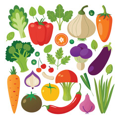 Set of Various Fresh Vegetables in Cartoon Style: Carrot, Eggplant, Paprika, Mushroom, and More – Vector Illustration