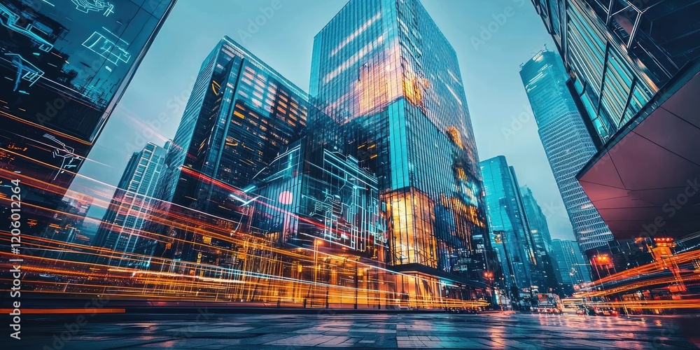 Poster Futuristic building with integrated AI and robotic systems, presenting advanced design features in a high-tech urban environment.