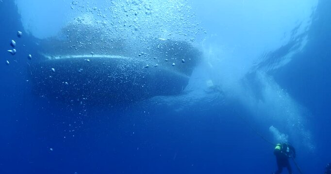 scuba divers starting or ending the dive underwater shallow 