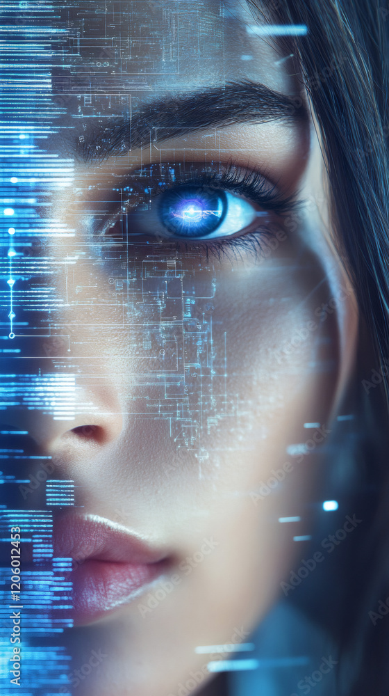 Aufkleber Close-up of woman face merging with digital code, symbolizing the integration of humans and AI