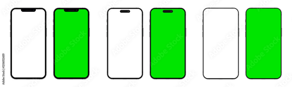 Poster Smartphone mockup models set with white empty and green touch screen. Detailed mockup smartphone, model mobile collection