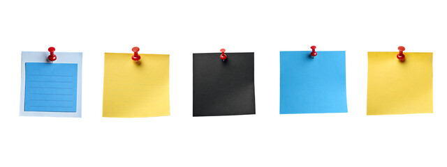 Blue, black, yellow paper note set with push pin isolated