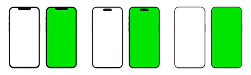 Smartphone mockup models set with white empty and green touch screen. Detailed mockup smartphone, model mobile collection
