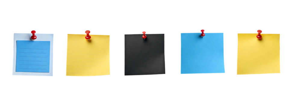 Blue, black, yellow paper note set with push pin isolated