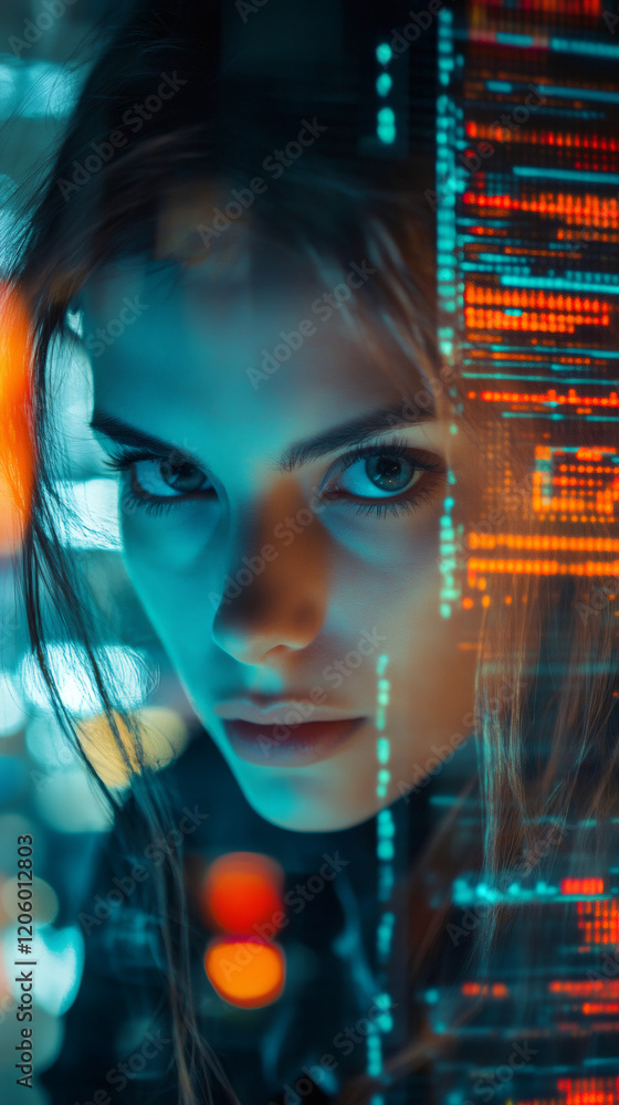 Poster Close-up portrait of female programmer working with futuristic interface and augmented reality data