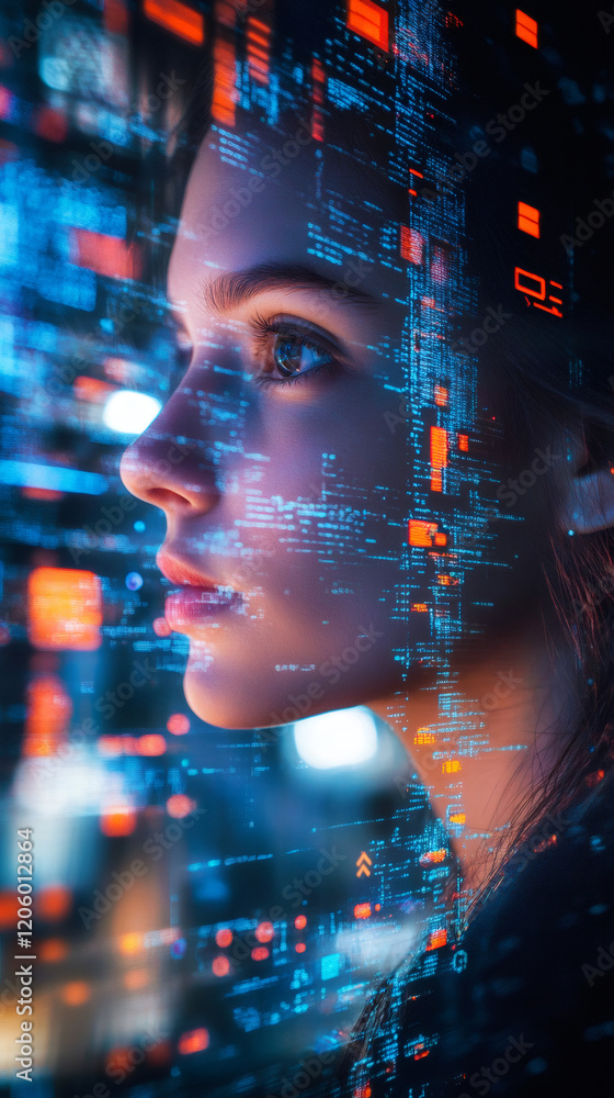 Aufkleber Programmer with source code projected on her face representing the concept of augmented reality and human-computer interaction