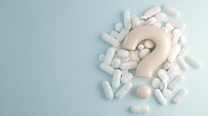 Question mark beige color, surrounded by medicine white tablets, light blue background, copy space, horizontal view