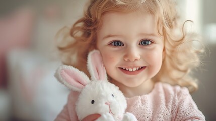 Fototapeta premium Joyful young girl smiling while holding a fluffy bunny toy at home during a sunny afternoon