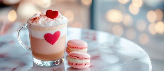 Romantic latte-art heart shape, pink red macarons, white plate, coffee cappuccino, Valentine’s Day, ads, sale, special offer, coffee shop, banner, commercial, festive atmosphere, product promotion