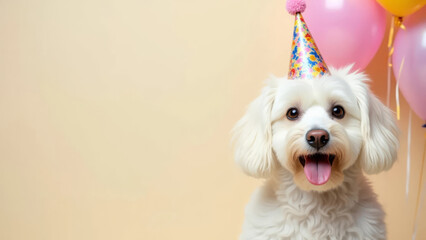 A white Maltese dog in a festive hat and with balloons on a beige background celebrates its birthday.