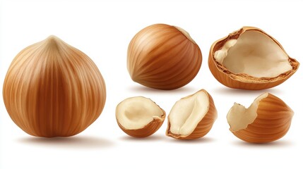 Whole and Cracked Hazelnuts on a White Background in High Detail