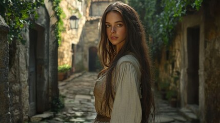 A woman in a medieval gown.