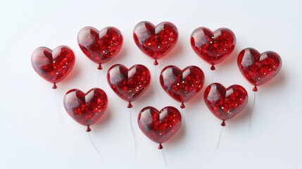 Heart-shaped balloons with glitter on a white background