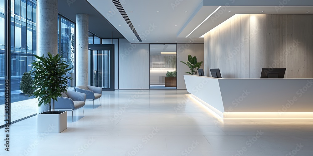 Poster a corporate reception area showcasing a minimalist design with subtle branding, suitable for busines