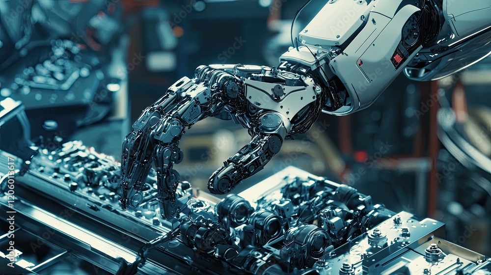 Poster a robotic arm working on an assembly line, executing precise movements to assemble complex parts efficiently.