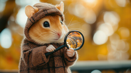 Adorable hamster dressed as a detective, curiously looking through a magnifying glass, generative ai