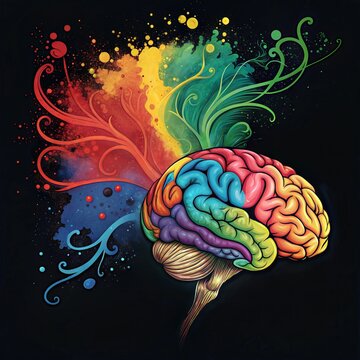 Creative colorful brain with exploding vibrant splashes, representing art, imagination, and innovative human thinking concepts