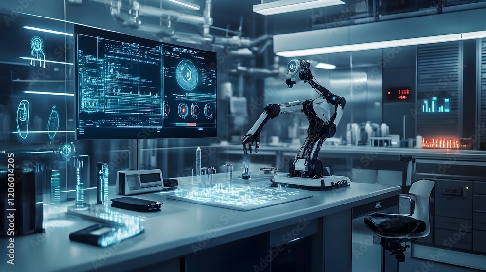Poster advanced robotic arm in modern futuristic laboratory digital screen technology research science auto