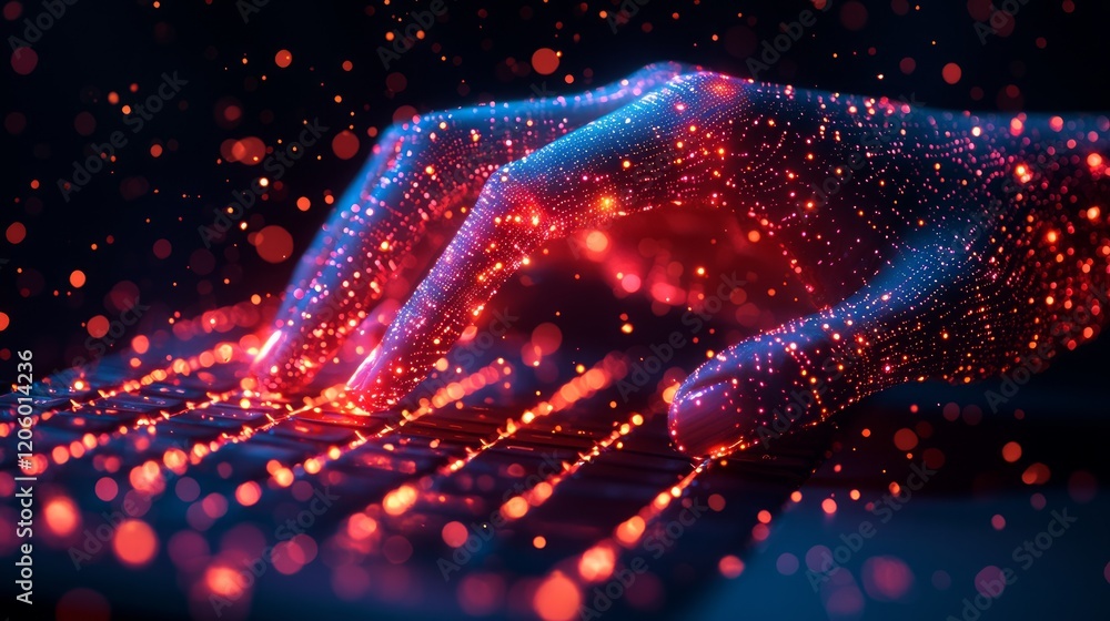 Poster digital hand typing on glowing keyboard; futuristic tech background; website design concept