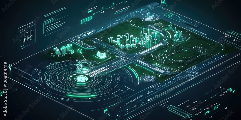 Poster Futuristic smart infrastructure UI, with responsive digital controls, real-time data visualization, and interactive city design tools.