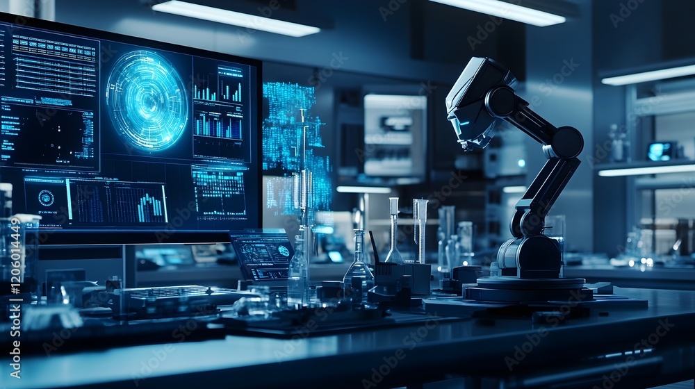 Poster advanced robotic arm in modern science lab futuristic technology digital screen data analysis resear