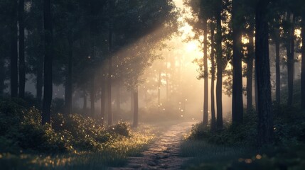 Naklejka premium A serene forest scene at sunrise