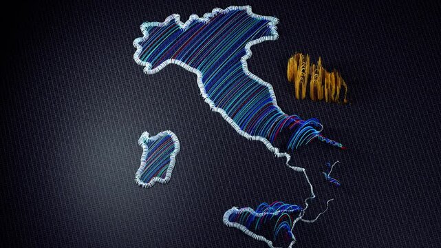 3D animation of an embroidered map of Italy. The colorful threads and fabric are shown from various perspectives, with motion effects highlighting the details and the word Italy.