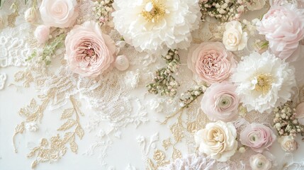 Fototapeta premium Delicate floral arrangement with pastel hues and lace detailing, perfect for vintage wedding invitations