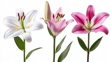 Fototapeta premium Three Beautiful Lily Flowers in White, Pink, and Red Shades