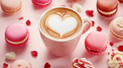 Coffee cup latte-art white heart design, pink red macarons desserts, Valentine’s Day, light bright background, ads, sale, special offer, coffee shop, banner, commercial, festive, product promotion.