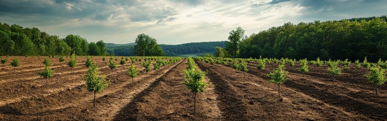 Rows of young evergreen seedlings planted in fertile soil, symbolizing reforestation efforts and environmental conservation, ideal for sustainability projects and educational campaigns.