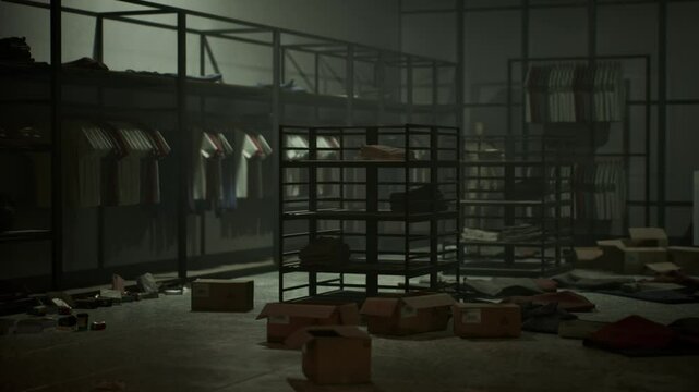 A store is left in disarray after a theft, with clothing and boxes strewn across the floor, showcasing the aftermath of vandalism and robbery in a dimly lit environment.