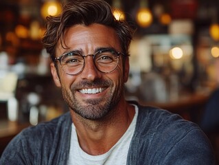 Obraz premium Happy Smiling Man Wearing Glasses in a Cafe Setting