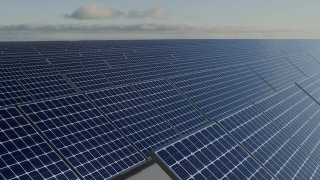 row pf solar cell panel plant electricity sustainable large factory industry station morning sky and cloud