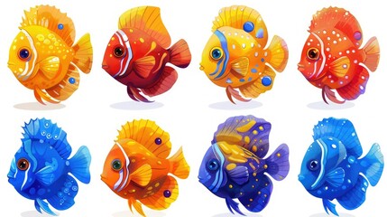 A colorful illustration of various cartoon-style fish in vibrant hues.