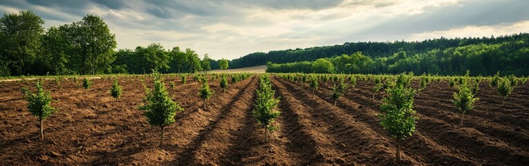 Rows of young evergreen seedlings planted in fertile soil, symbolizing reforestation efforts and environmental conservation, ideal for sustainability projects and educational campaigns.
