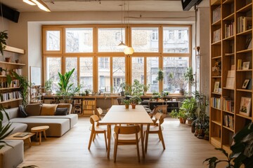 Modern eco-friendly living room with wooden furniture and plants flourishing